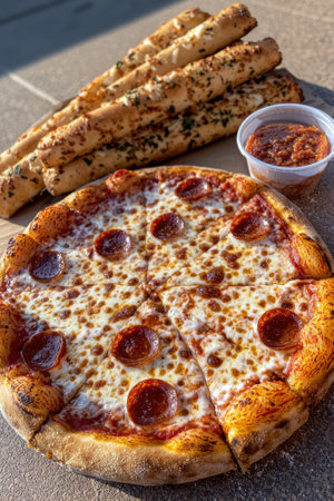 A delicious pepperoni pizza with breadsticks and dipping sauce.の素材