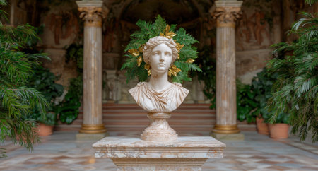 Bust of a woman with plants in a garden.の素材