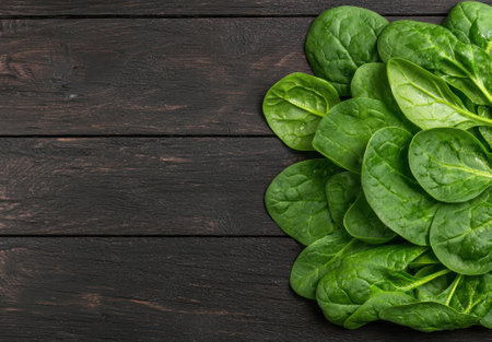 Fresh spinach leaves on a dark wooden background.の素材