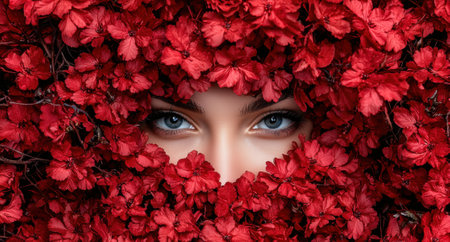 A woman's eyes framed by vibrant red flowers.の素材