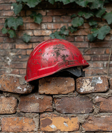 A red hard hat sits on a brick wall.の素材
