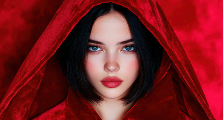 Portrait of a young woman in a red hood.の素材