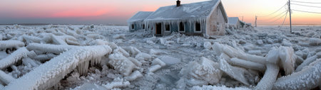 Frozen houses covered in ice during winterの素材