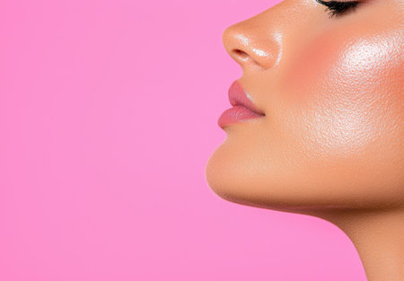 Close-up of a woman's face with glowing skin and pink background.の素材