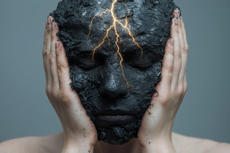 Person with cracked mud mask holding their face.の素材