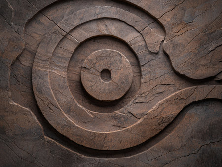Abstract concentric circles carved into a stone surface.の素材