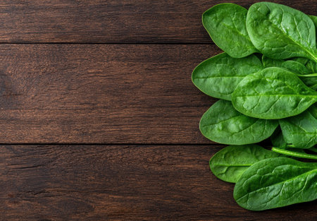 Fresh spinach leaves on a wooden background.の素材