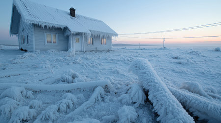 A snow covered house in a winter landscape.の素材