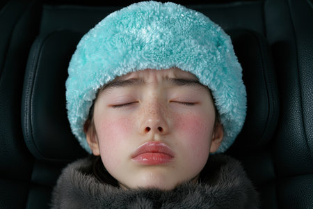 A young woman with a turquoise hat sleeping in a car.の素材