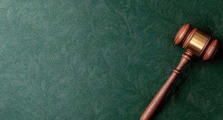 Gavel on a green textured background.の素材