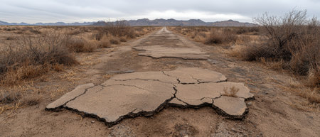 Desert road with cracked asphalt leading to mountains under cloudy skies.の素材