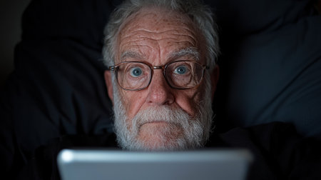 Senior man with glasses looking at a tablet.の素材