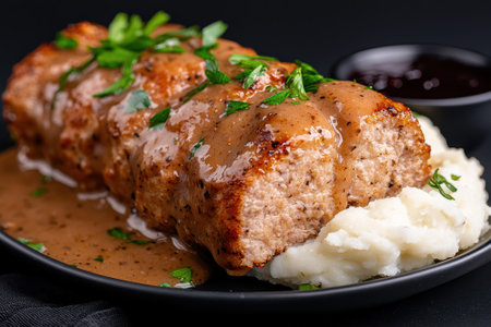 Delicious meatloaf with mashed potatoes and gravy.の素材