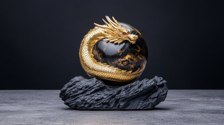Golden dragon statue wrapped around a black sphere on a rock.の素材