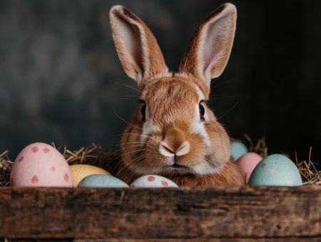A cute brown bunny with easter eggs in a wooden crate.の素材