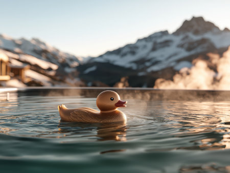 Rubber duck floating in a hot tub with mountain views.の素材