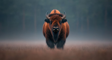 A majestic bison stands in a misty field.の素材