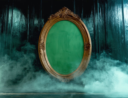 Ornate gold frame with green backdrop surrounded by smoke.の素材
