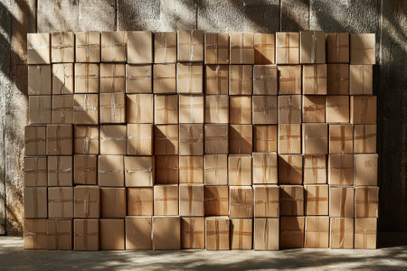 A wall of stacked cardboard boxes in sunlight.の素材