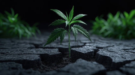 A small plant growing out of cracked earth.の素材