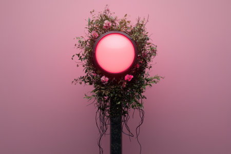 A red light surrounded by flowers against a pink wall.の素材