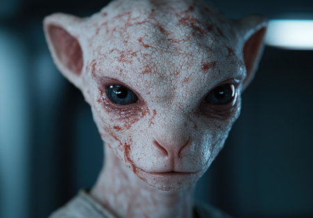 Close-up of an alien-like creature with distinctive skin texture.の素材