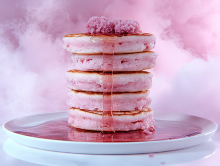 Stack of pink pancakes with syrup and topping.の素材