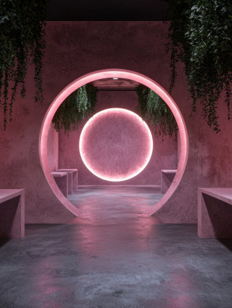 Modern pink interior with circular entrance and hanging plants.の素材