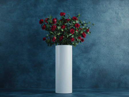 Red roses in a white vase against a textured blue wall.の素材