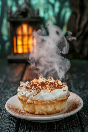 Dessert tart with meringue and cocoa powder on a plate with smoke.の素材