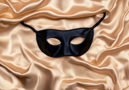 Black masquerade mask on gold satin fabric.の素材