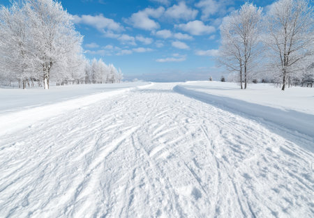 Snowy road in winter landscape with blue skyの素材