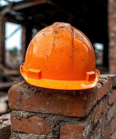 Orange hard hat on a brick wall at a construction site.の素材
