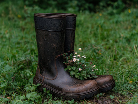 A pair of muddy boots with flowers growing inside, sitting in a grassy field.の素材