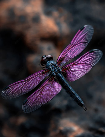 Close-up of a dragonfly with purple wings.の素材