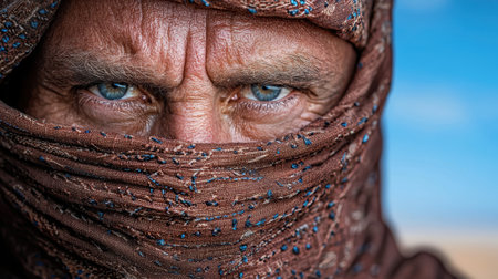 Intense portrait of a man with piercing blue eyes wrapped in a traditional headscarf.の素材