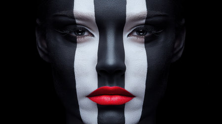 Striking portrait of a woman with black and white striped face paint and red lips.の素材