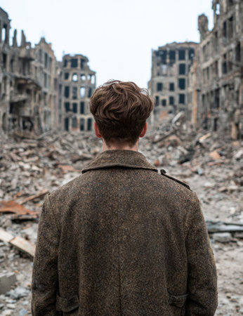 A man stands amidst the ruins of a destroyed city.の素材