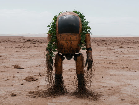 An old robot stands in a desolate landscape, covered in vines.の素材