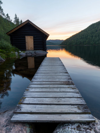 A rustic cabin on a tranquil lake at sunset with a wooden pier.の素材