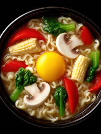 Bowl of ramen with egg, mushrooms, corn, and peppers.の素材