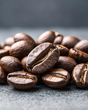 Close-up of roasted coffee beans.の素材