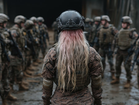 Female soldier with pink hair standing in front of a line of soldiers.の素材