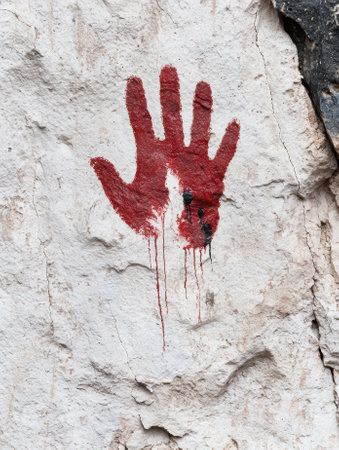 Red handprint on a white textured wall, possibly ancient cave art.の素材