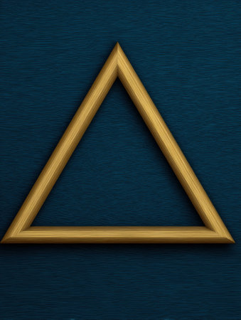 Golden triangle frame on a blue textured background.の素材