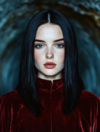 Portrait of a beautiful young woman with freckles and blue eyes.の素材