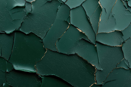 Close-up of cracked green paint with gold lines.の素材