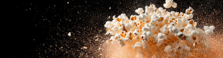 A burst of delicious popcorn on a black background.の素材