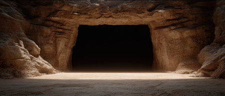 A mysterious cave entrance with dark interior and sandy floor.の素材
