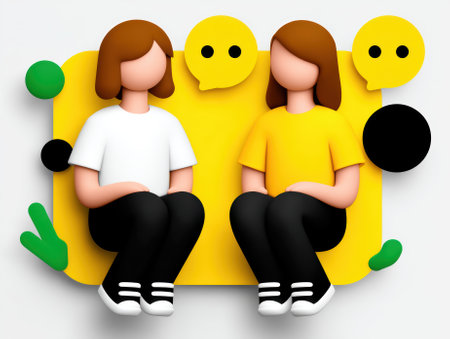 Two stylized figures sitting and conversing with speech bubbles.の素材